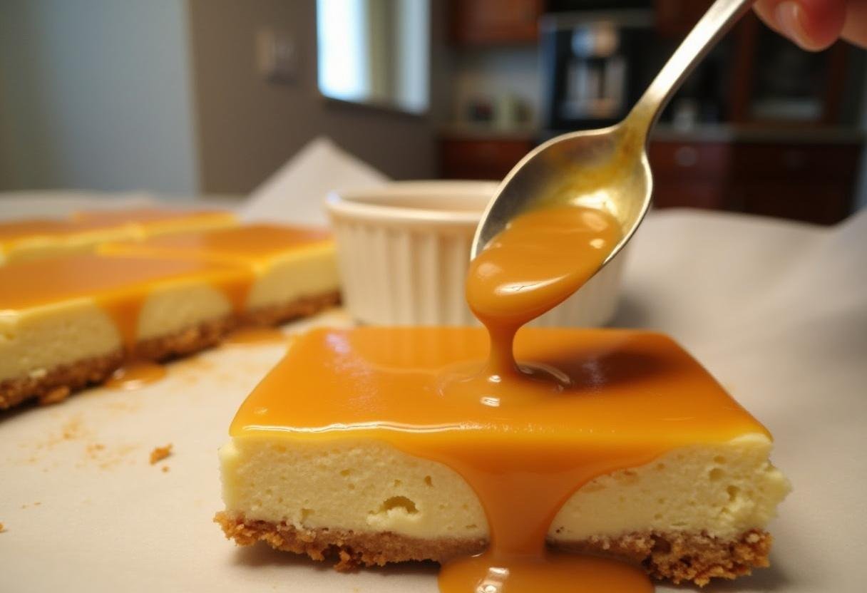 Step four in the preparation of Golden Snitch Caramel Butterbeer Cheesecake Bars, artistically drizzling caramel sauce for an enticing look.