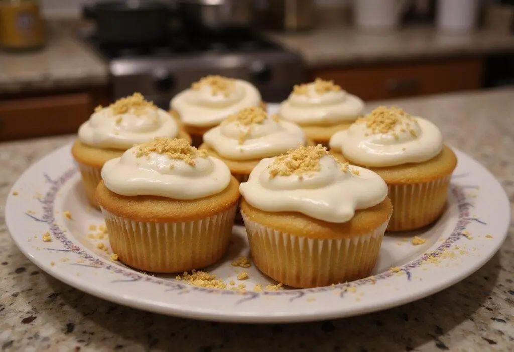 Final presentation of Golden Snitch Glazed Butterscotch Cupcakes with Butterbeer Frosting on a decorative plate, perfect for a magical dessert display.