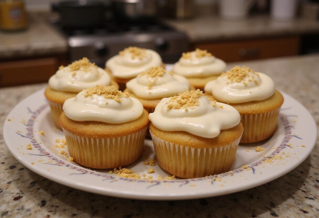 Final presentation of Golden Snitch Glazed Butterscotch Cupcakes with Butterbeer Frosting on a decorative plate, perfect for a magical dessert display.
