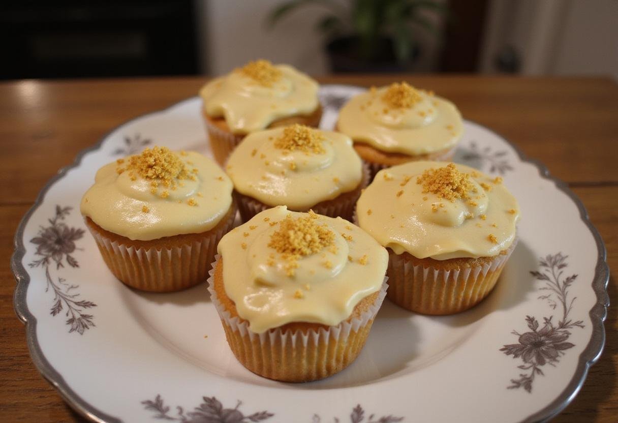 Final presentation of Golden Snitch Glazed Butterscotch Cupcakes with Butterbeer Frosting on a decorative plate, perfect for a magical dessert display.
