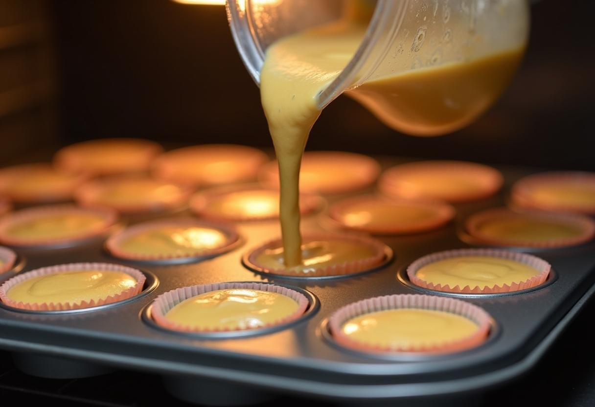 Making Golden Snitch Glazed Butterscotch Cupcakes with Butterbeer Frosting by filling cupcake liners with butterscotch batter.