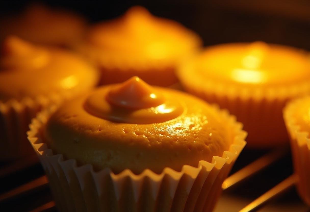 Golden Snitch Glazed Butterscotch Cupcakes baking beautifully with visible golden color in the oven.