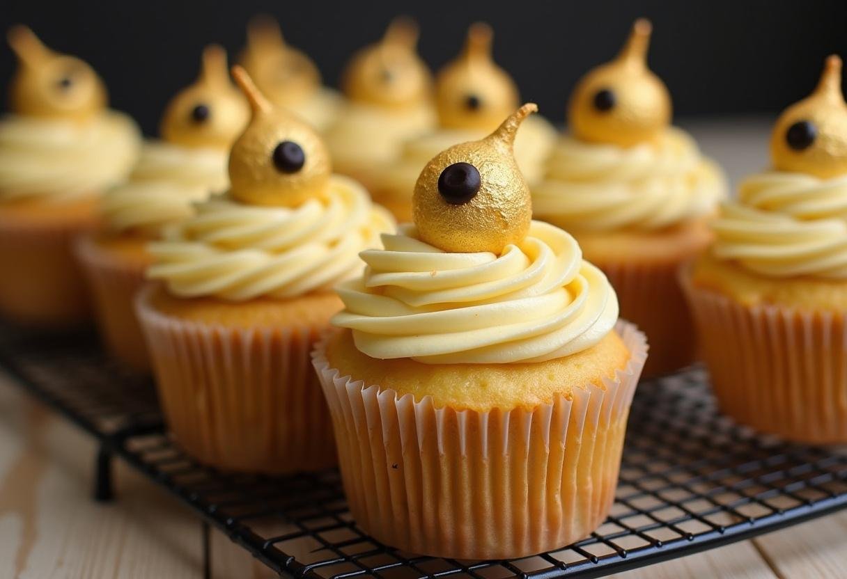 Decorating Golden Snitch Glazed Butterscotch Cupcakes with Butterbeer Frosting, featuring whimsical golden snitch designs.