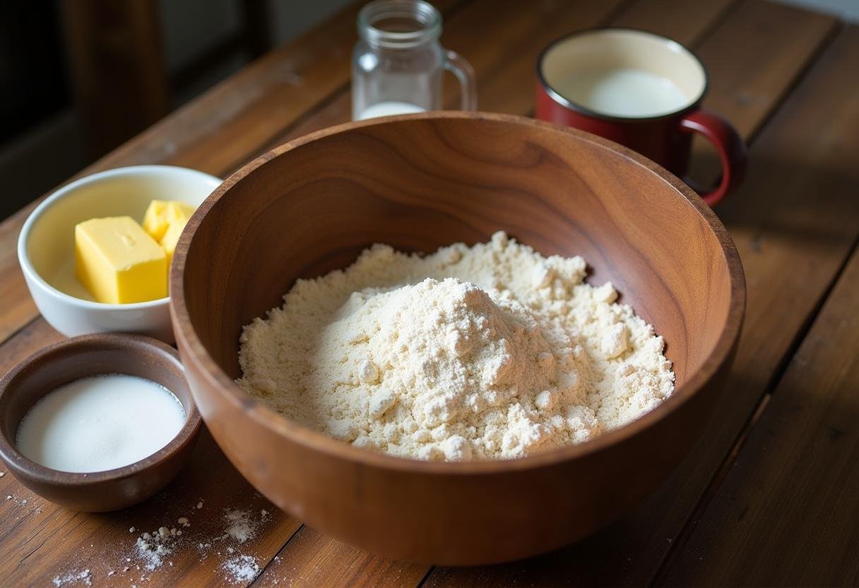 Golden Snitch Rolls ingredients - flour, sugar, yeast, butter, and warm milk on a rustic countertop.