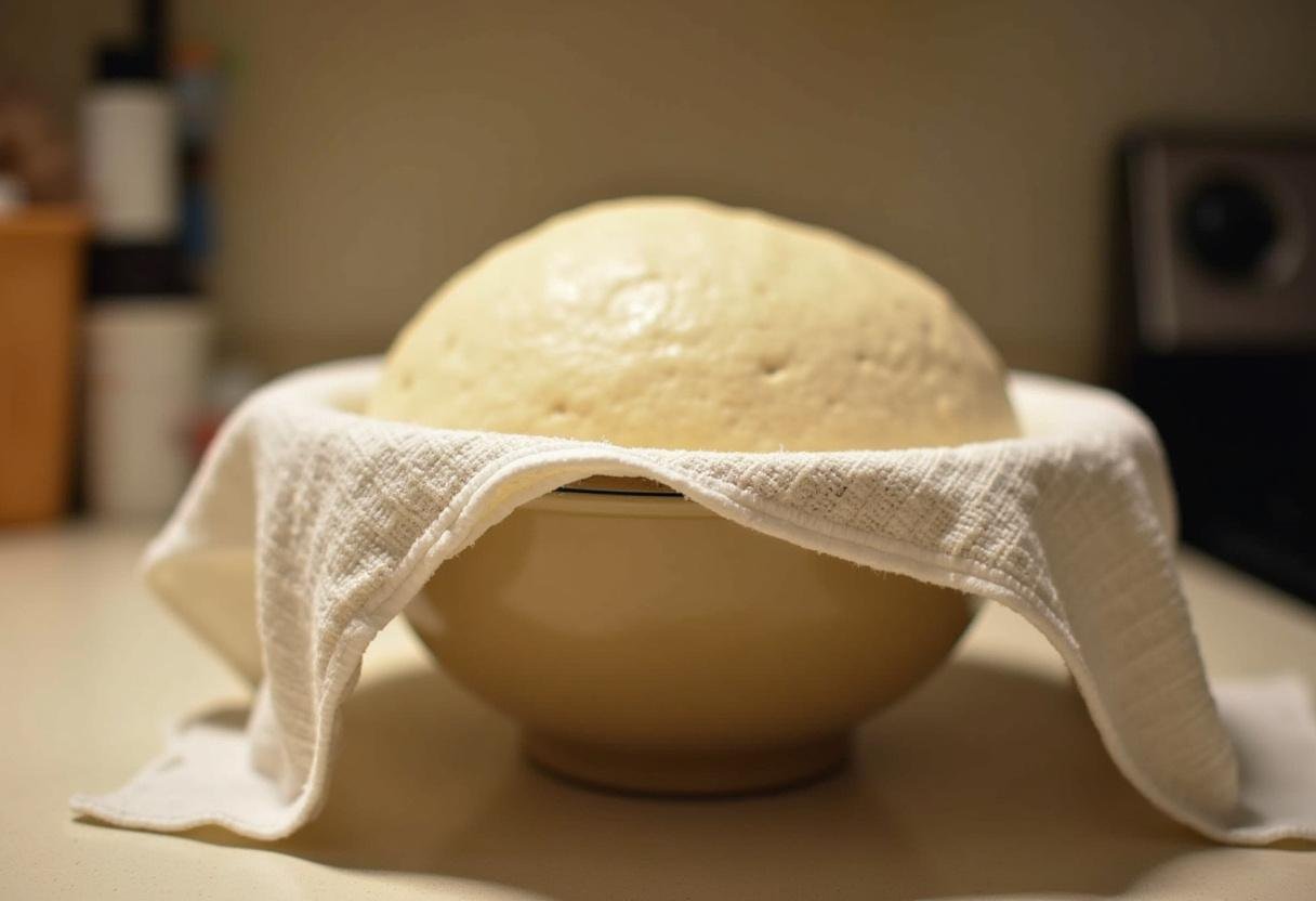 Dough rising for Golden Snitch Rolls, covered with a cloth, emphasizing the baking process.