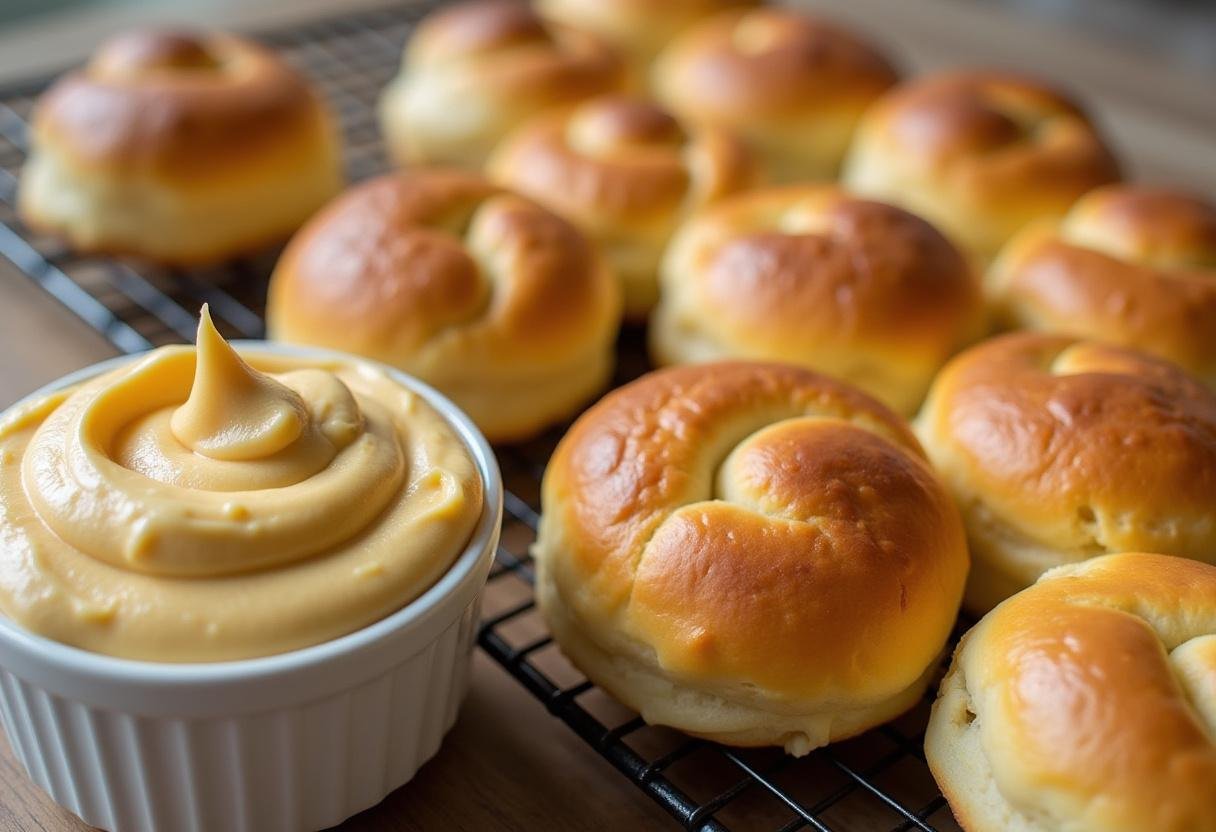 Cooling Golden Snitch Rolls beside a bowl of butterscotch cream cheese frosting, highlighting the delicious results of baking.