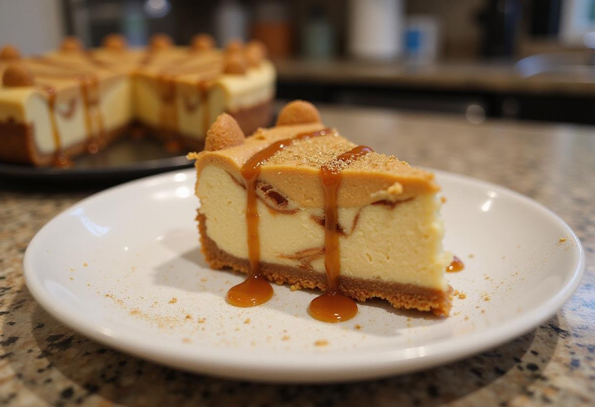 Elegant slice of Golden Snitch Swirl Butterbeer Cheesecake Bars on a plate, showcasing its decadent layers and an appealing presentation.