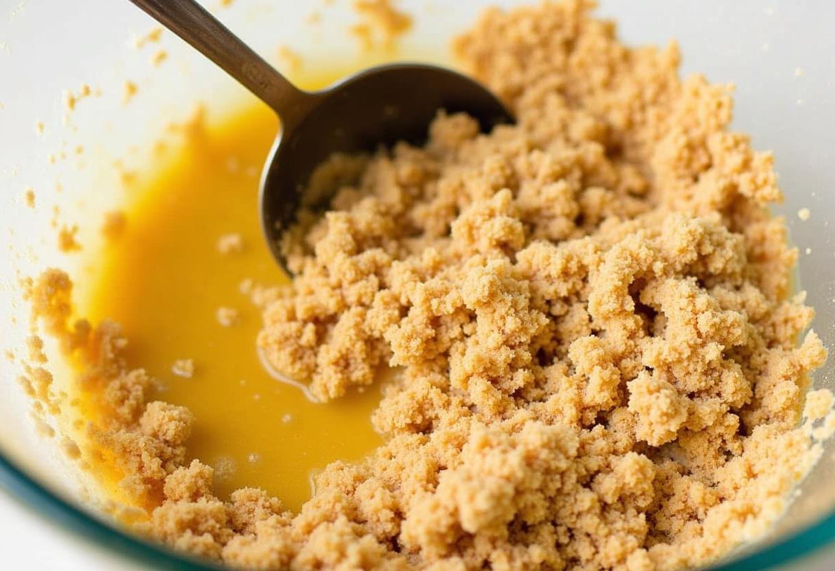 Crushed graham crackers mixed with melted butter for Golden Snitch Swirl Butterbeer Cheesecake Bars crust, creating a perfect texture for the base.