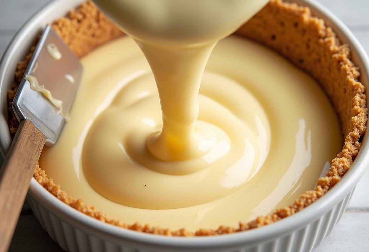 Pouring creamy cheesecake batter into a graham cracker crust for Golden Snitch Swirl Butterbeer Cheesecake Bars, highlighting the luscious textures and preparation steps.