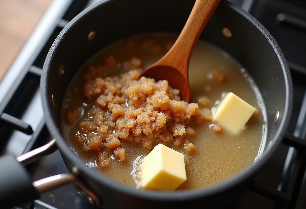 Melting butter, brown sugar, and vanilla in a saucepan for the topping of Golden Snitch Swirl Butterbeer Cheesecake Bars, showcasing the sweet, rich base flavors.