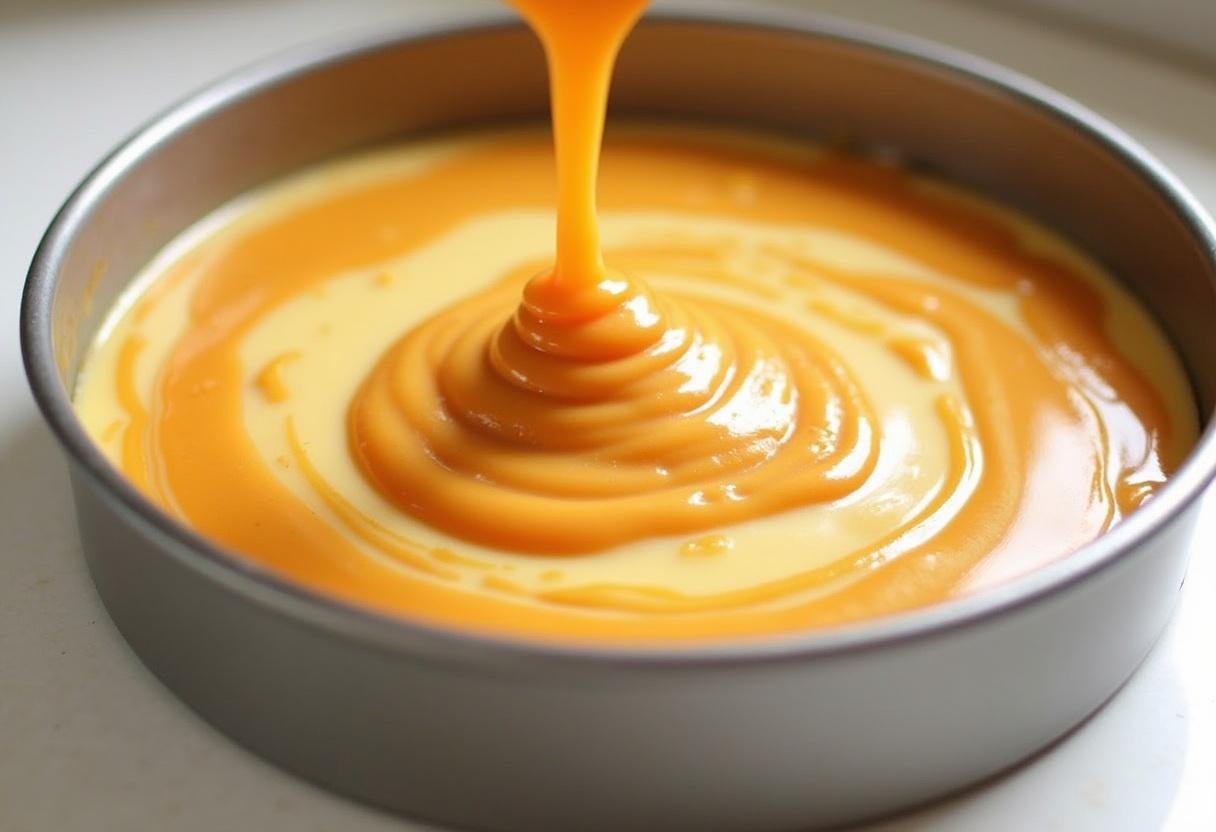 Drizzling swirled caramel topping over cheesecake batter for Golden Snitch Swirl Butterbeer Cheesecake Bars, illustrating the artistic preparation process.