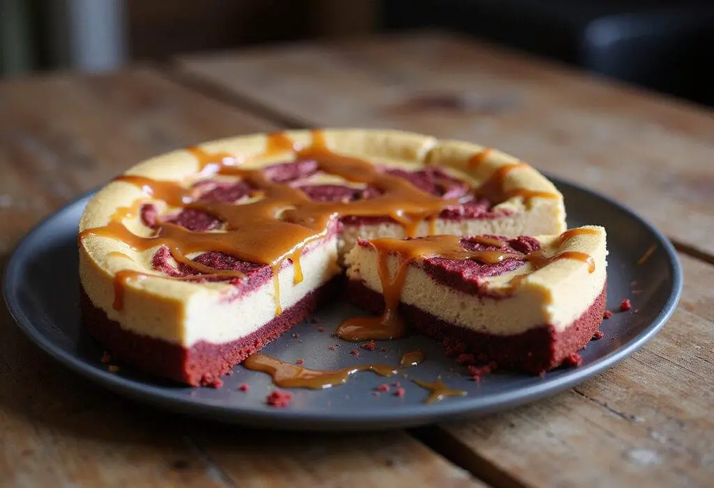 The stunning final result of Gryffindor Spiced Caramel Cheesecake with Red Velvet Swirl, showcasing its delicious layers and caramel drizzles on a rustic wooden table.