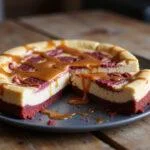 The stunning final result of Gryffindor Spiced Caramel Cheesecake with Red Velvet Swirl, showcasing its delicious layers and caramel drizzles on a rustic wooden table.