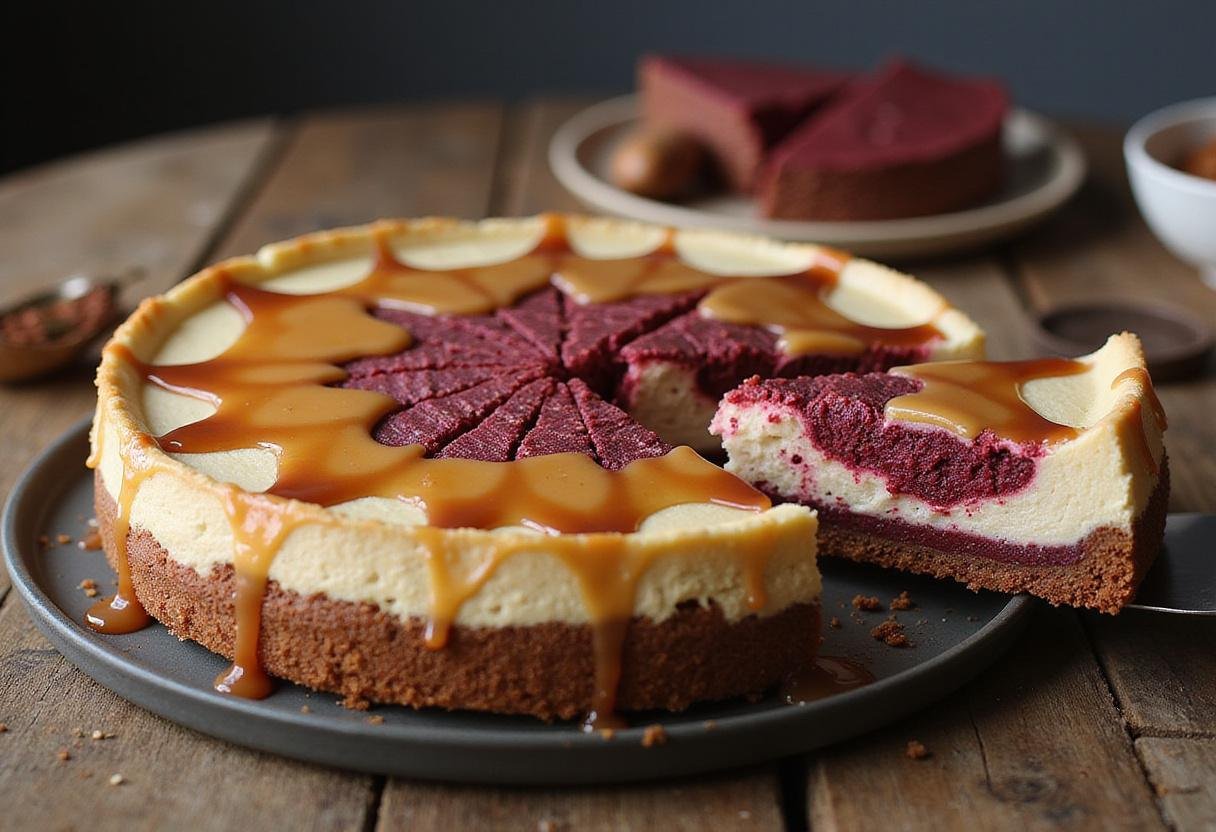The stunning final result of Gryffindor Spiced Caramel Cheesecake with Red Velvet Swirl, showcasing its delicious layers and caramel drizzles on a rustic wooden table.