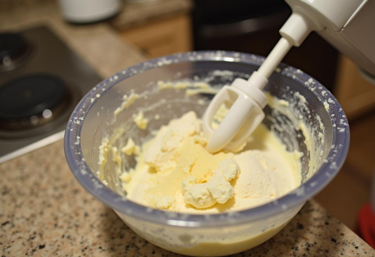 Making the creamy base for Gryffindor Spiced Caramel Cheesecake with Red Velvet Swirl with cream cheese and sugar in a mixing bowl.