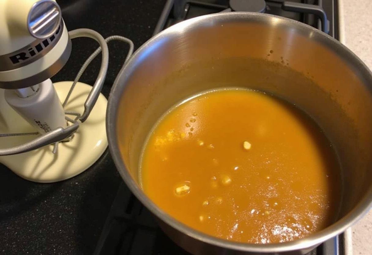 Cooking the rich caramel sauce for Gryffindor Spiced Caramel Cheesecake with Red Velvet Swirl, showcasing the perfect melting of butter and brown sugar in a saucepan.