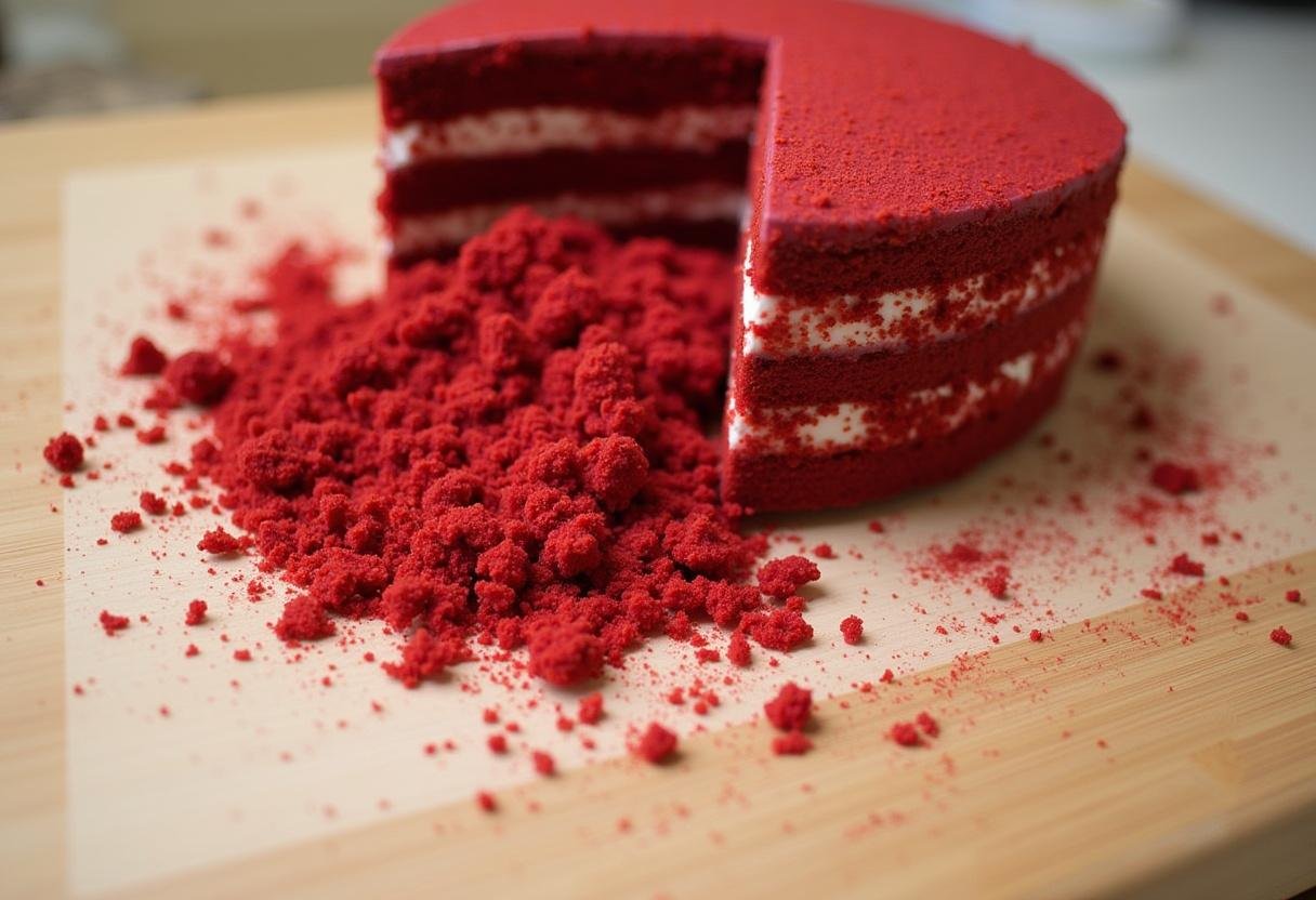 Preparing crumbled red velvet cake for layer in Gryffindor Spiced Caramel Cheesecake with Red Velvet Swirl, showing vibrant red cake on a cutting board.