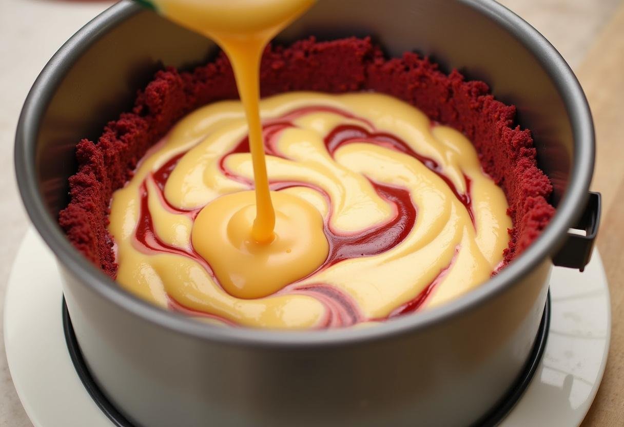 Layering the cheesecake, caramel, and red velvet crumbs in the springform pan for Gryffindor Spiced Caramel Cheesecake with Red Velvet Swirl, highlighting the swirls.