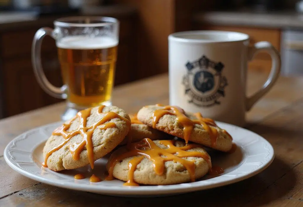 Final presentation of Harry Potter Butterbeer Cookies with sun-kissed butterscotch drizzle, perfect for a whimsical dessert experience.