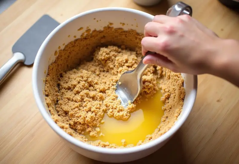 Delicious graham cracker crust mixture for Harry Potter Authentic Butterbeer Cheesecake, perfect for your magical dessert.