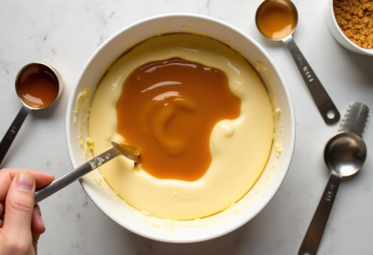 Creating the signature butterscotch flavor for Harry Potter Authentic Butterbeer Cheesecake, highlighting the transformation of the filling.