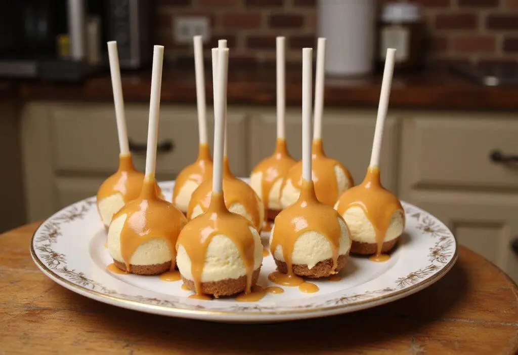 Final presentation of Harry Potter Butterbeer Cheesecake Pops with gleaming butterscotch drizzle, perfect for a magical dessert experience.