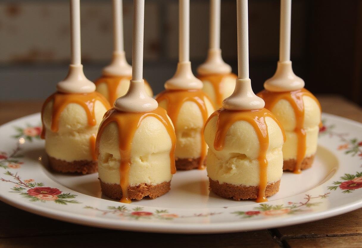 Final presentation of Harry Potter Butterbeer Cheesecake Pops with gleaming butterscotch drizzle, perfect for a magical dessert experience.