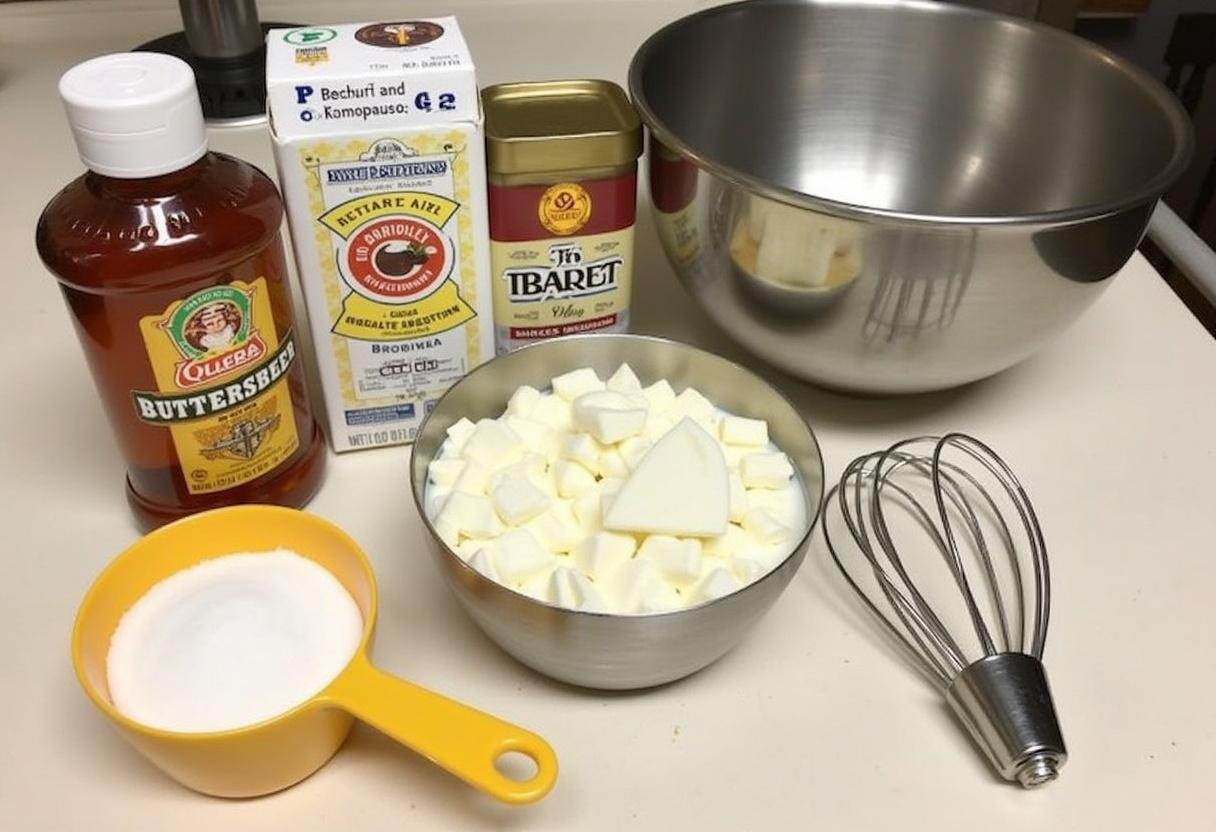 Ingredients for Harry Potter Butterbeer Cheesecake Pops including cream cheese, sugar, and butterscotch extract on a kitchen countertop.