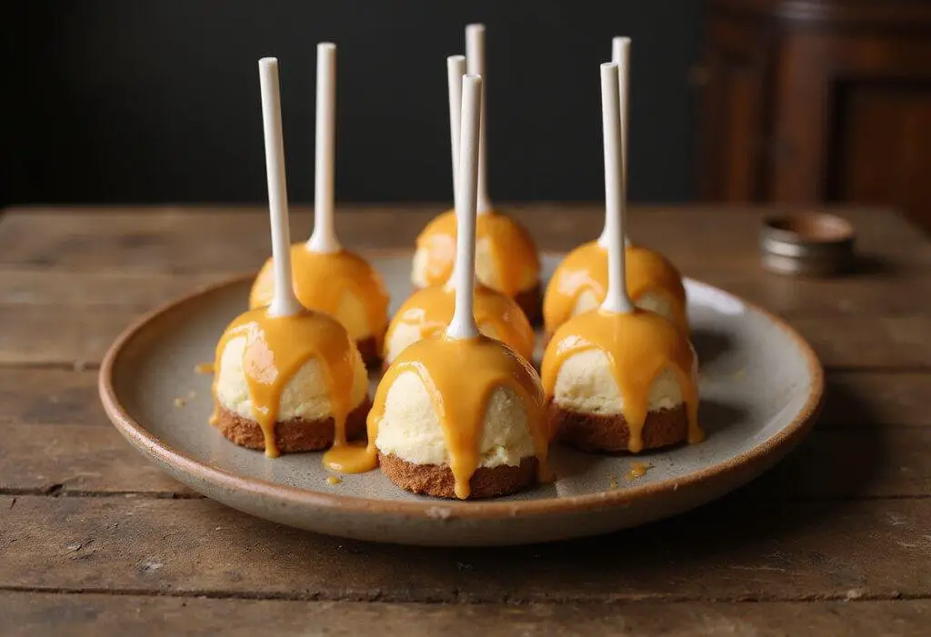 Finished Harry Potter Butterbeer Cheesecake Pops with luminous butterscotch drizzle, presented beautifully.