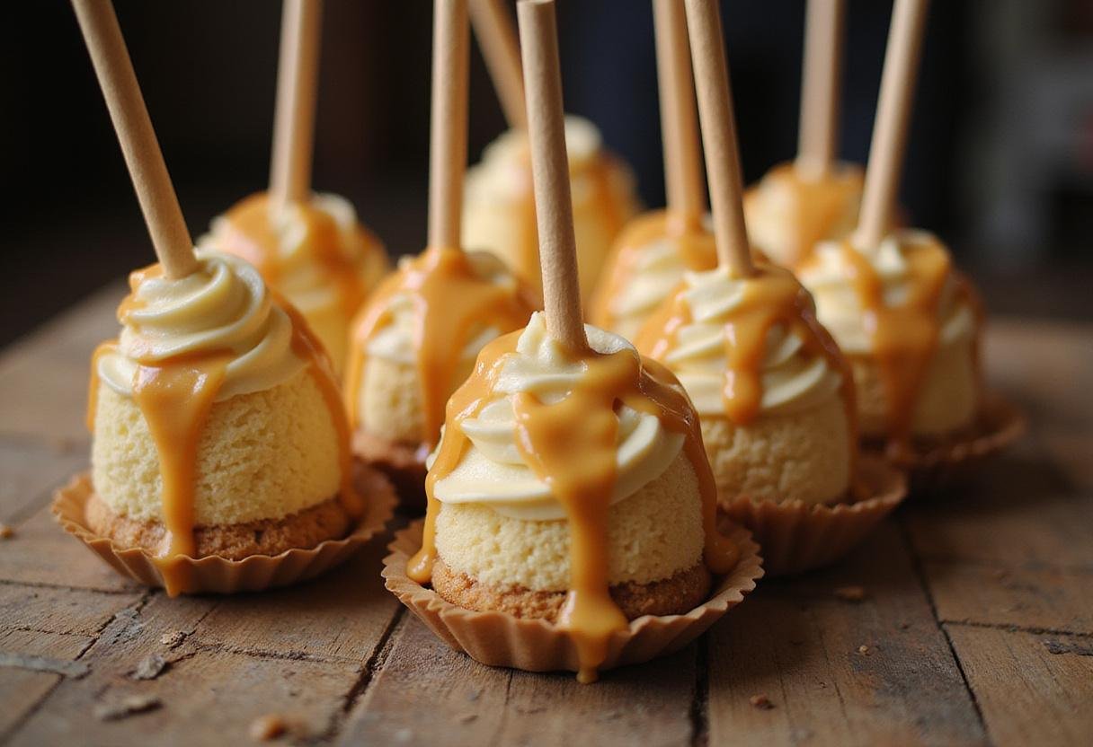 Finished Harry Potter Butterbeer Cheesecake Pops with luminous butterscotch drizzle, presented beautifully.
