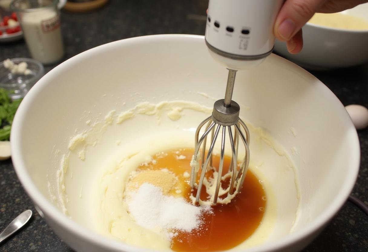 Cream cheese, sugar, and vanilla extract blended for Harry Potter Butterbeer Cheesecake Pops.