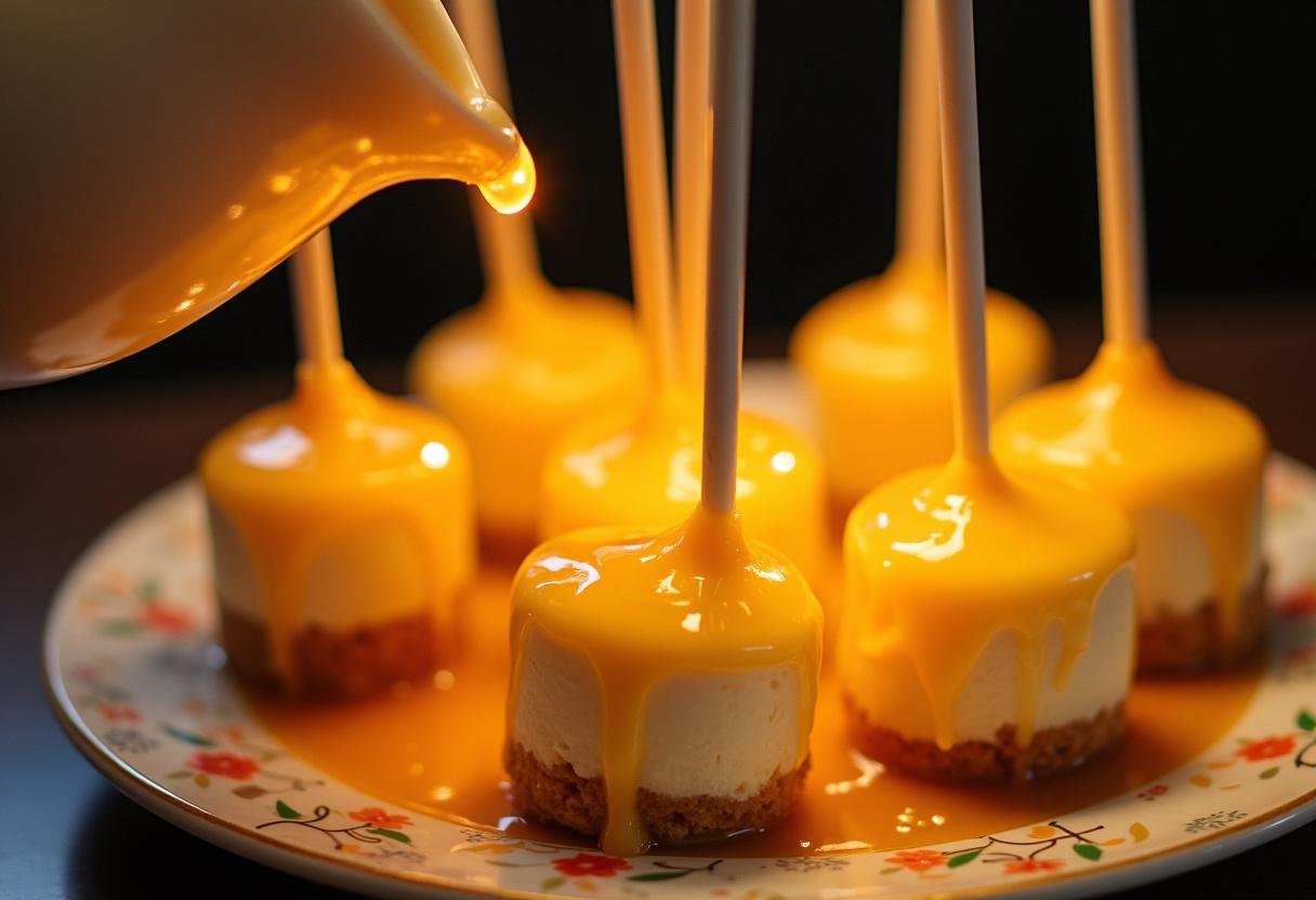 Luminous butterscotch drizzle added to Harry Potter Butterbeer Cheesecake Pops.