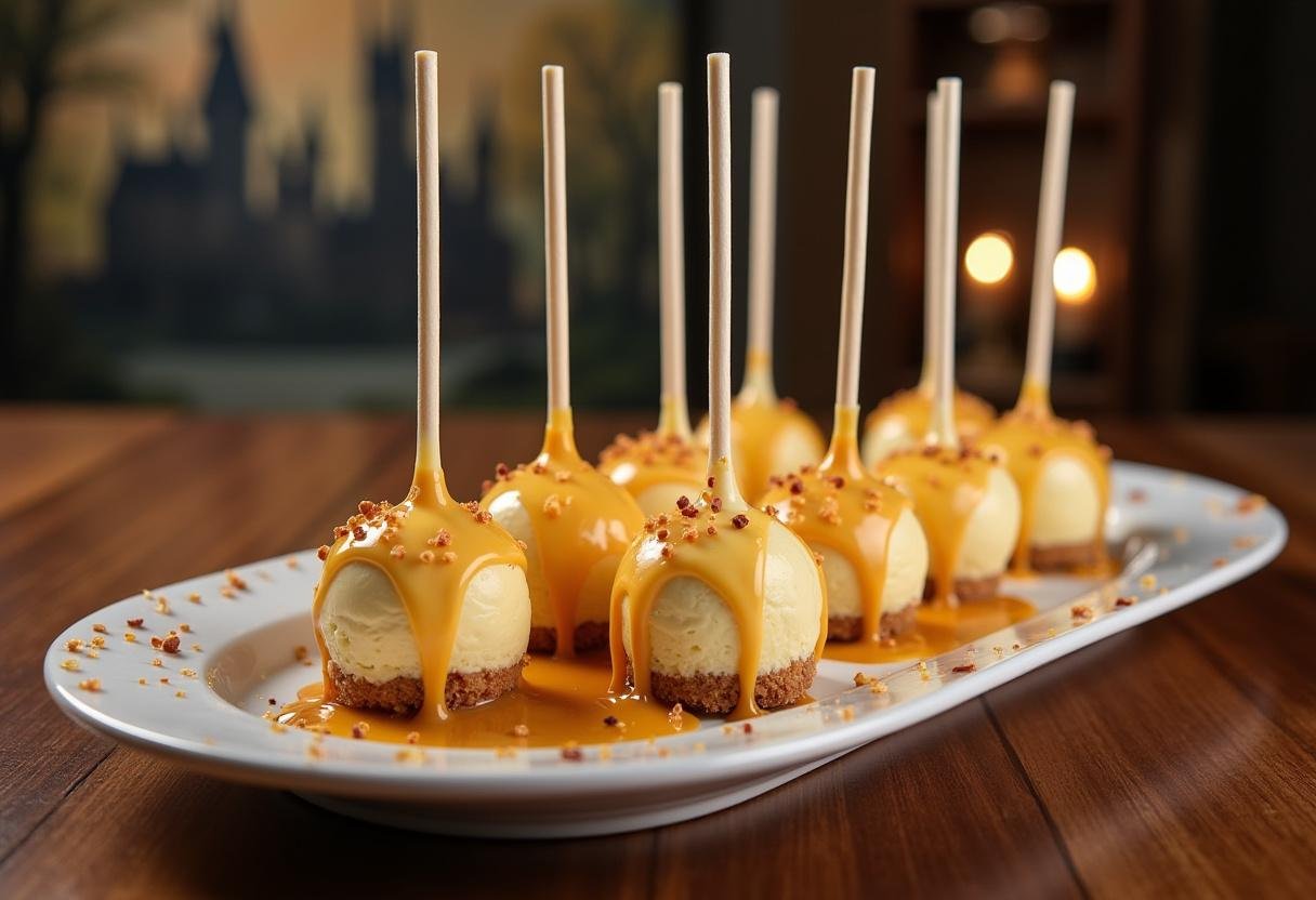 A stunning display of Harry Potter Butterbeer Cheesecake Pops with Sun-Kissed Butterscotch Drizzle, ready to be enjoyed in a whimsical setting.