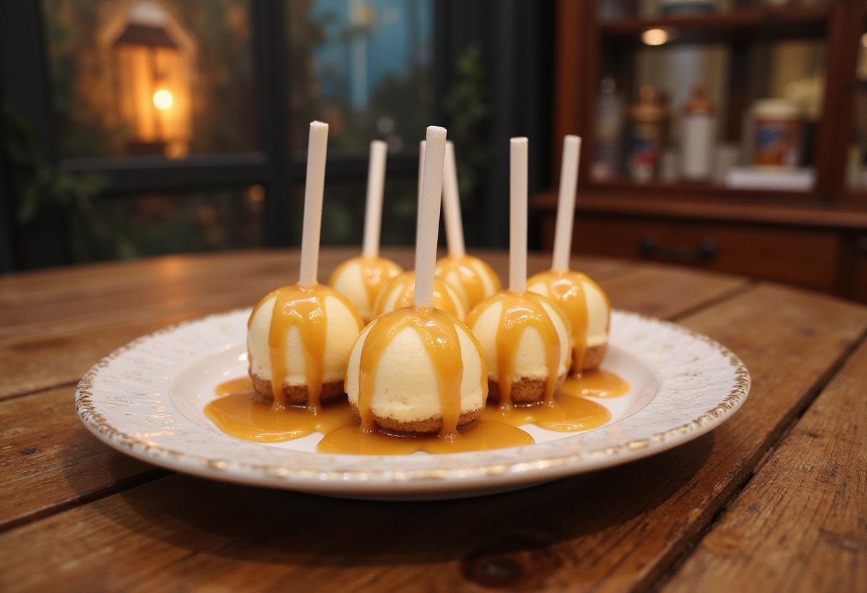 A stunning display of Harry Potter Butterbeer Cheesecake Pops with Sun-Kissed Butterscotch Drizzle, ready to be enjoyed in a whimsical setting.
