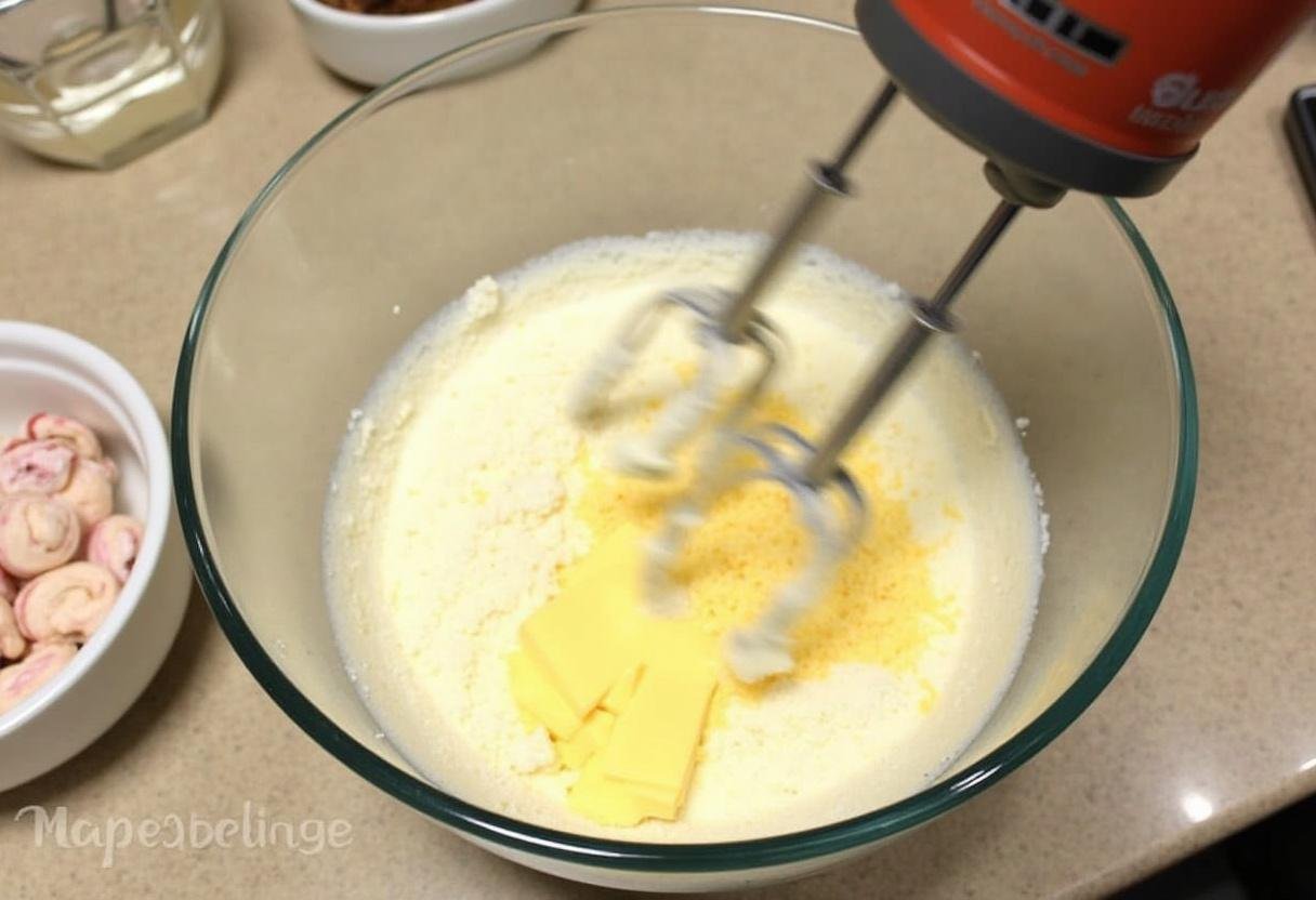 Creating a smooth batter for Harry Potter Butterbeer Cheesecake Pops with Sun-Kissed Butterscotch Drizzle, featuring cream cheese and sugar.