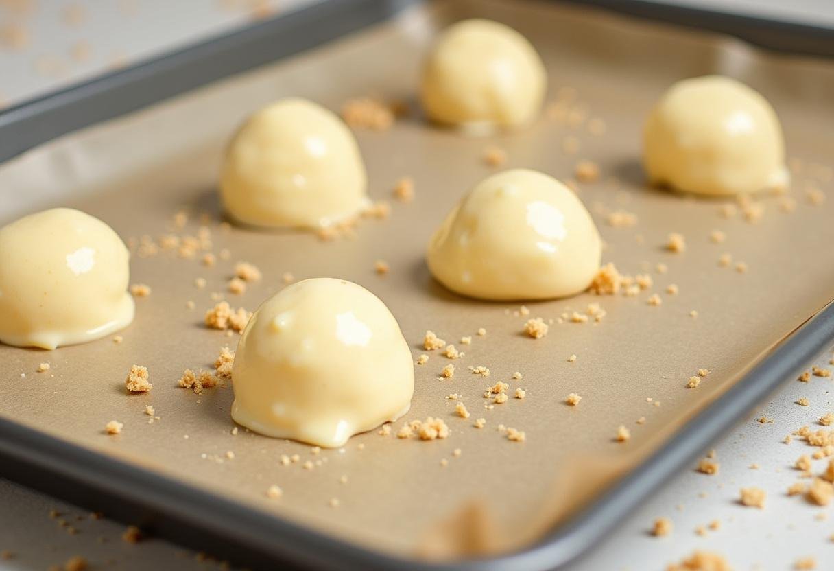 Shaping Harry Potter Butterbeer Cheesecake Pops into perfect round balls on parchment paper, preparing for delicious desserts.