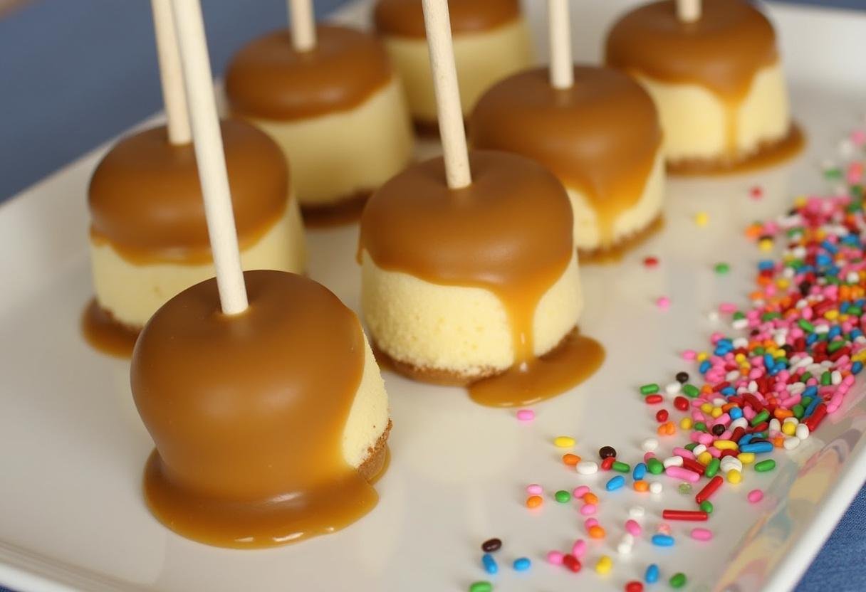 Dipping Harry Potter Butterbeer Cheesecake Pops into warm butterscotch, ready for a festive finish with sprinkles.