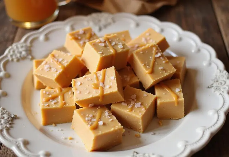 Delicious Harry Potter Butterbeer Fudge served on a plate, styled with butterscotch sauce, perfect for fans of the magical world.