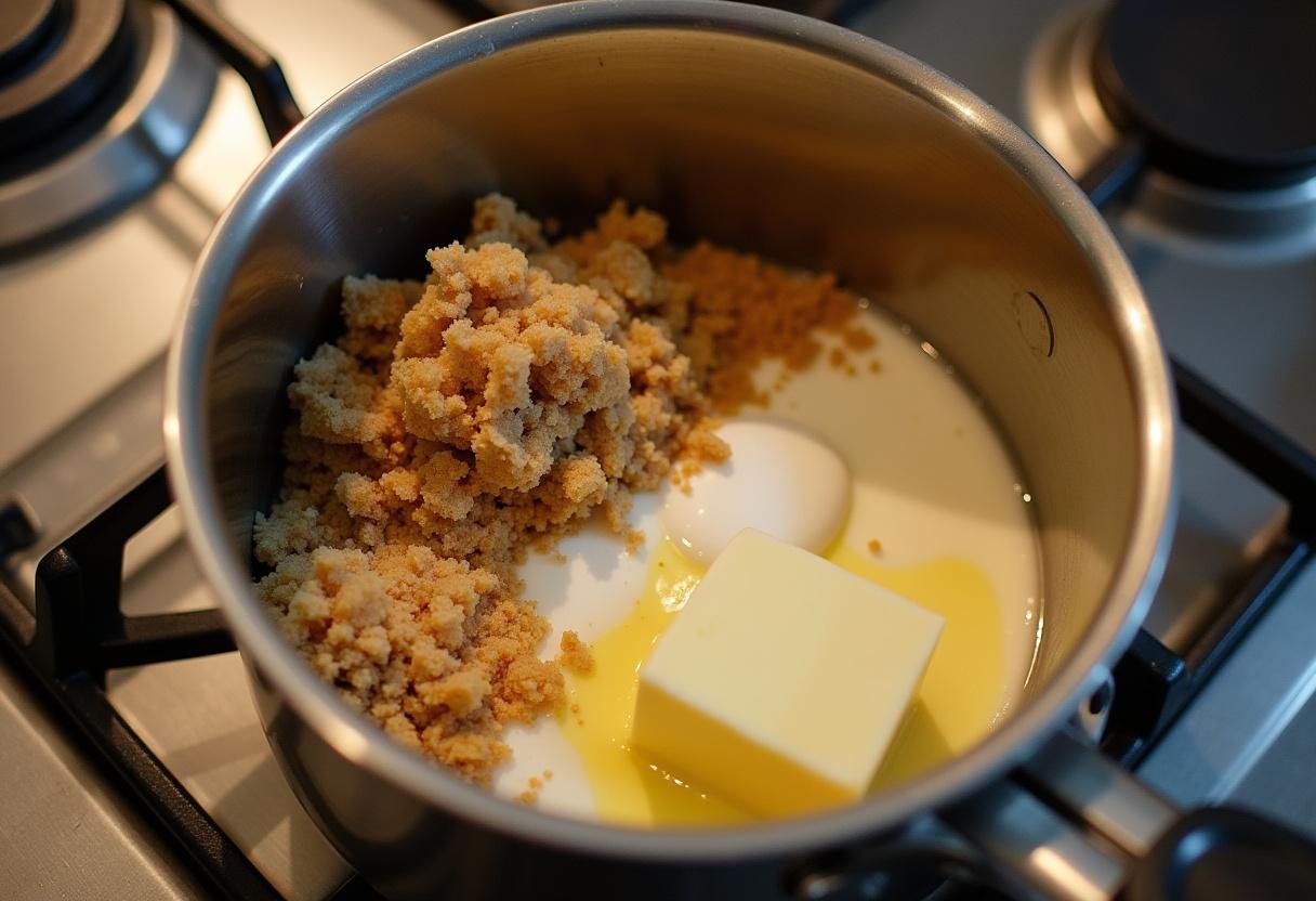 Ingredients for Harry Potter Butterbeer Fudge displayed on a kitchen counter with a saucepan ready to melt the mixture.