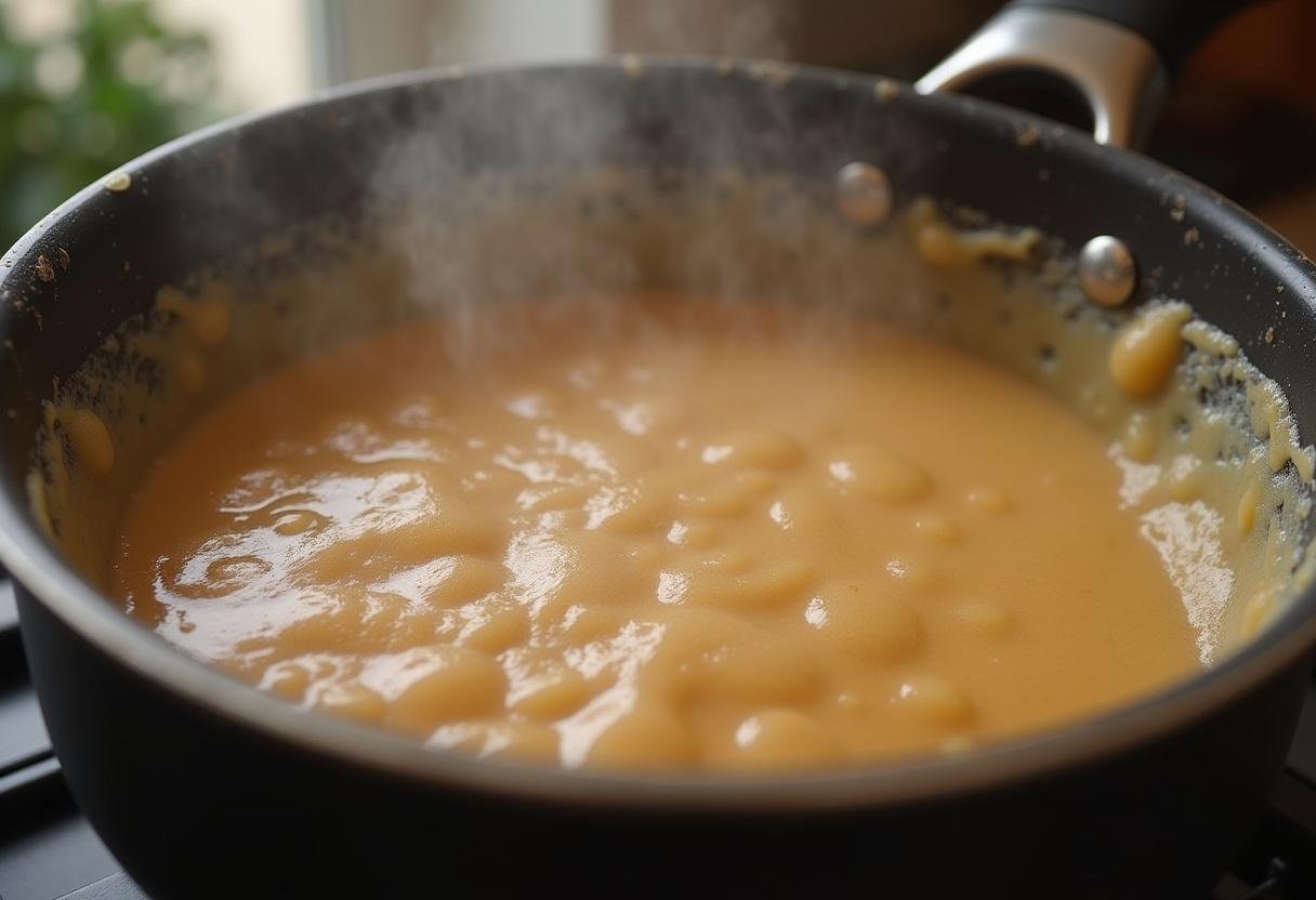 Harry Potter Butterbeer Fudge mixture bubbling in a saucepan on the stove, creating a delightful creamy texture.