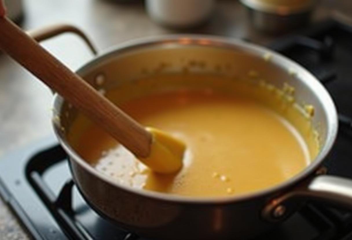 A wooden spoon mixing a thick, golden fudge mixture for Harry Potter Butterbeer Fudge in a saucepan, highlighting the cooking process.
