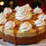 Final presentation of Harry Potter Creamy Butterbeer Cheesecake, showcasing its rich flavors and beautiful toppings for dessert lovers.