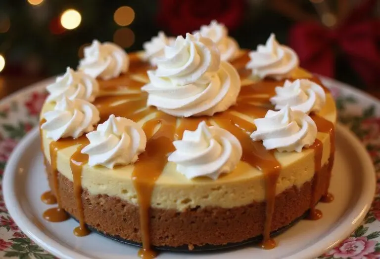 Final presentation of Harry Potter Creamy Butterbeer Cheesecake, showcasing its rich flavors and beautiful toppings for dessert lovers.