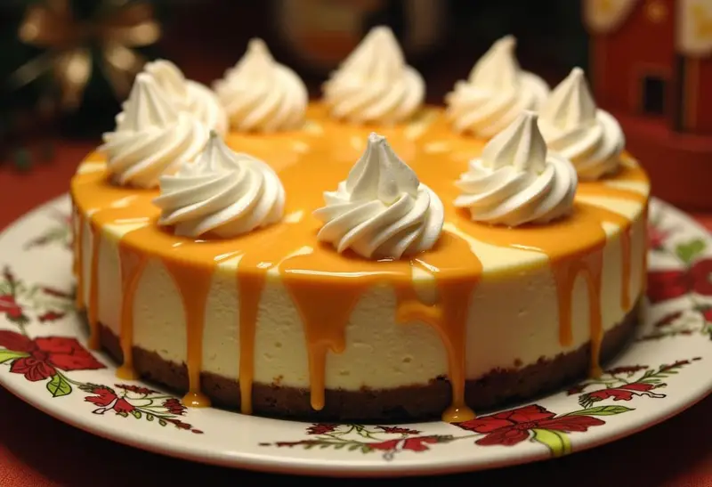 Final presentation of Harry Potter Creamy Butterbeer Cheesecake, showcasing its rich flavors and beautiful toppings for dessert lovers.