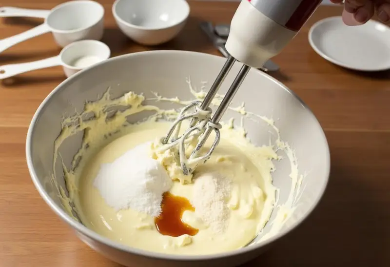 Mixing cream cheese and sugar for Harry Potter Creamy Butterbeer Cheesecake preparation, with a hand mixer and kitchen tools.