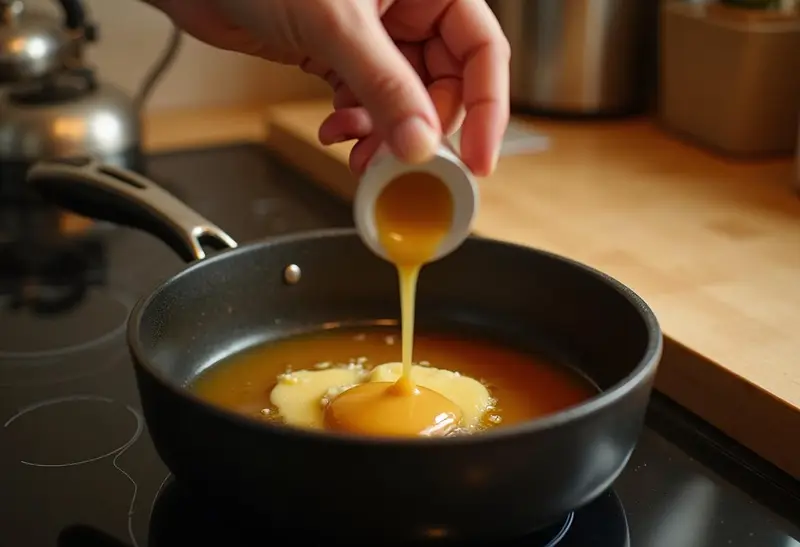 Melting butter and adding butterscotch sauce in preparation for Harry Potter Creamy Butterbeer Cheesecake, creating a rich flavor.