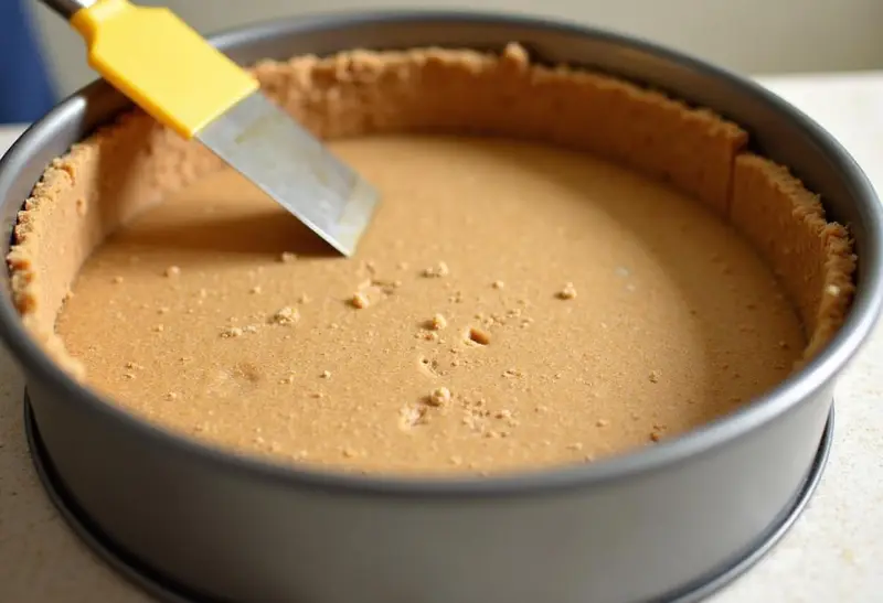 Pressing graham cracker crust for Harry Potter Creamy Butterbeer Cheesecake into a springform pan, essential for a perfect base.