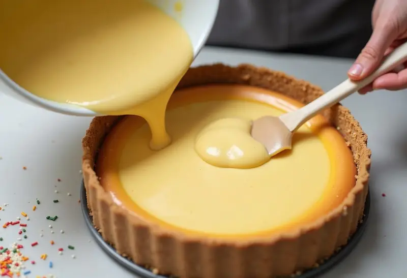 Pouring cheesecake batter into the crust for Harry Potter Creamy Butterbeer Cheesecake, showcasing the delicious creamy mixture.