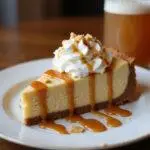 Indulging in the finished Harry Potter Decadent Deep-Dish Butterbeer Cheesecake, featuring a luscious slice with caramel, whipped cream, and a magical butterbeer-themed setting.
