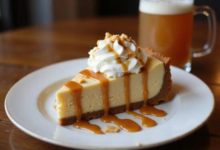 Indulging in the finished Harry Potter Decadent Deep-Dish Butterbeer Cheesecake, featuring a luscious slice with caramel, whipped cream, and a magical butterbeer-themed setting.